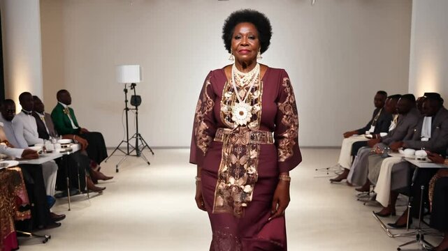 Nigerian woman in iro and buba walks confidently, facing the camera, in a spacious fashion studio, four-point lighting, dolly zoom out video