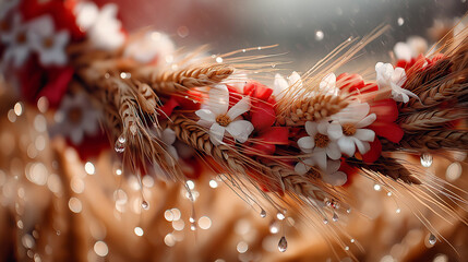 Traditional white-red-white floral wreath with wheat stalks, symbolizing Belarusian heritage and national pride under summer light.