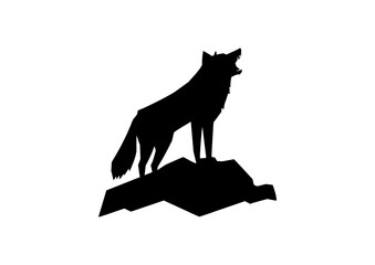 Vector art of a howling wolf standing on a jagged rock, bold silhouette style. Perfect for eSport logos and t-shirt designs symbolizing leadership, wild instincts, and fearless power.