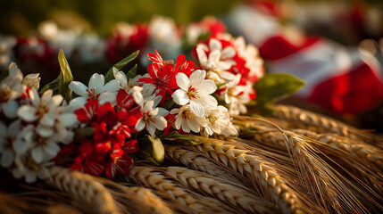 Traditional white-red-white floral wreath with wheat stalks, symbolizing Belarusian heritage and national pride under summer light.