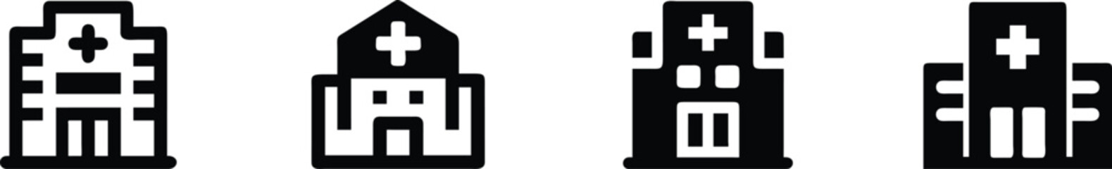 Obraz premium Hospital Building Icon Set Featuring Medical Clinic Structures, Healthcare Facility Symbols, Emergency Centers