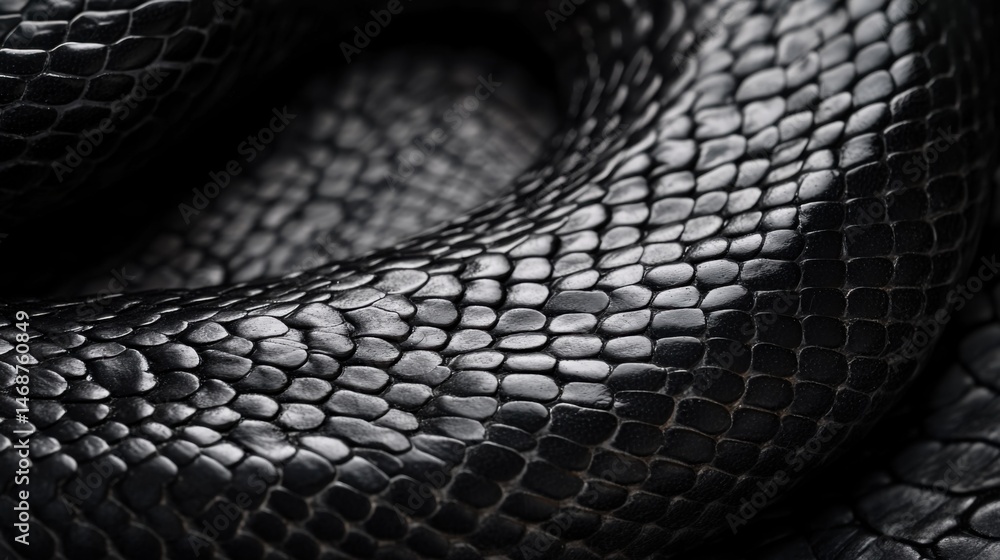 Poster beautiful black snake scales glisten in soft light, showcasing intricate patterns and textures