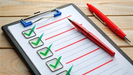 Task management checklist with red checkmarks on a clipboard and colored pens, color coding
