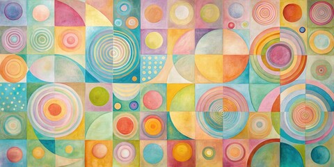 Naklejka premium Colorful geometric abstract art with circles and squares in pastel tones on canvas featuring swirling patterns and gentle curves , gentle, patterns