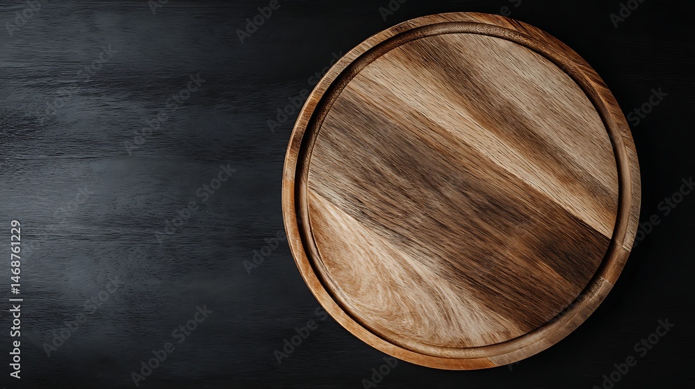 Aufkleber view of empty round wooden board on black kitchen table with copy space, top view