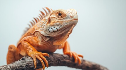 Fototapeta premium Orange iguana perched on branch, studio shot, white background