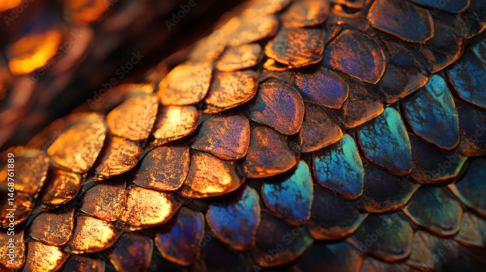 Poster close-up view of shimmering scales reflecting light in vibrant colors and intricate patterns