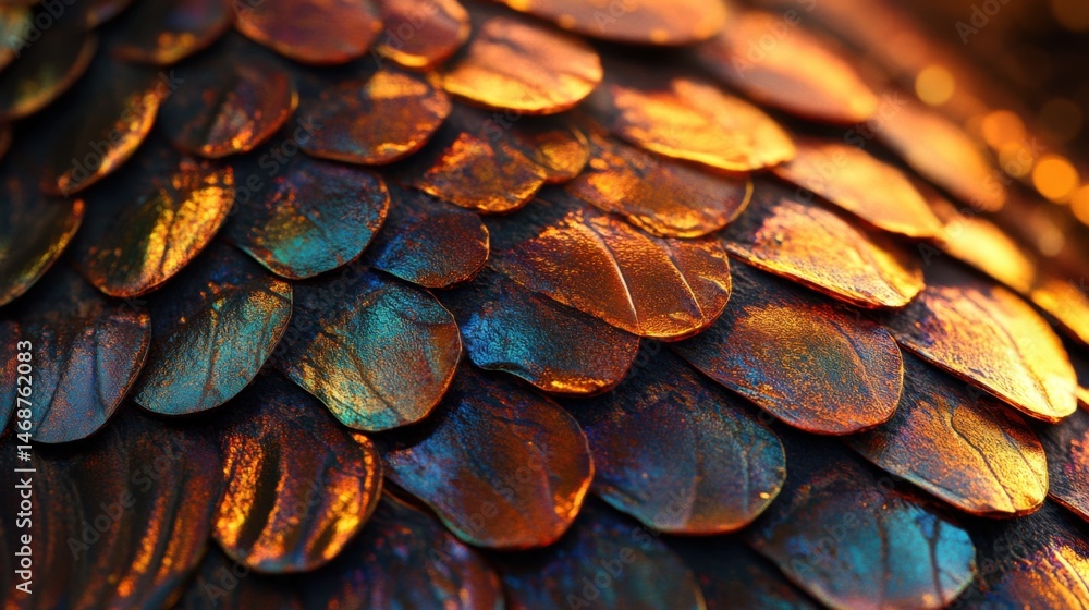 Poster Colorful scales create an iridescent pattern resembling armor on a mythical creature's body in a fantasy setting