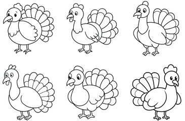 Set of Thanksgiving Turkey Black and White Clipart Bundle