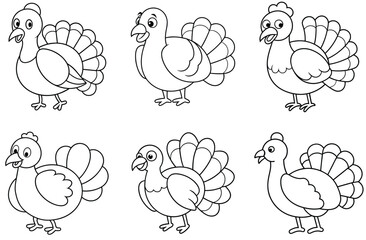 Set of Adorable Turkey Coloring Page Vector Illustrations
