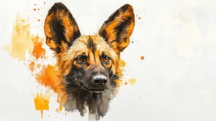 Painted African wild dog portrait, watercolor splash background, nature print