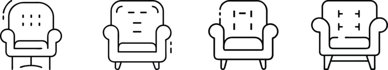 Modern Sofa Icon Set Featuring Airport Lounge Sofa, Couch, Armchair, and Seating Furniture Vector Symbols for Interior Design, Furniture Apps,