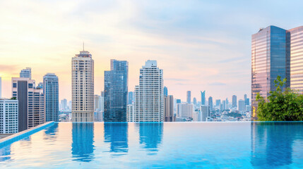 Fototapeta premium Stunning swimming pool with panoramic view of city skyline at sunset, showcasing modern architecture and vibrant colors