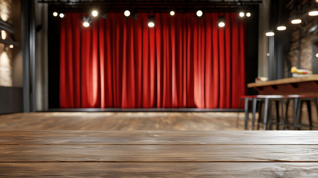 Theater stage with red curtains and wooden flooring creates inviting atmosphere for performances. warm lighting enhances
