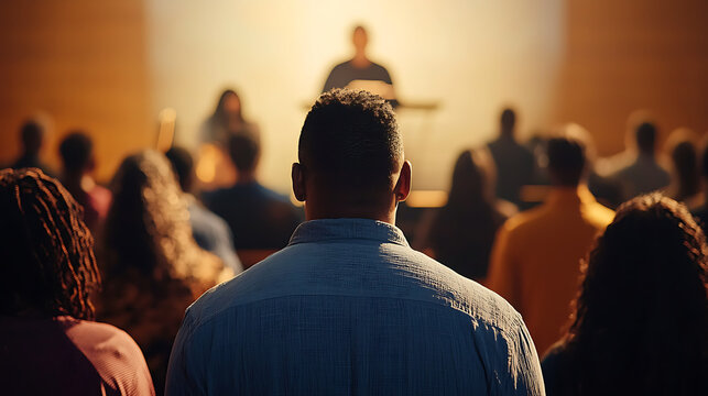 A man stands in front of a crowd of people, looking at the camera