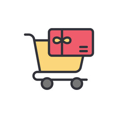 Stylized shopping cart carrying a present box icon for retail concepts