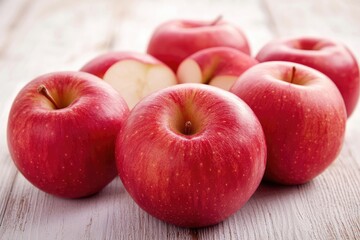 Fresh red apples arranged on a light wooden surface