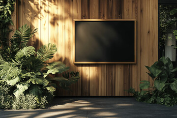 Blank Sign Tropical Plants Wooden Wall Outdoor Setting