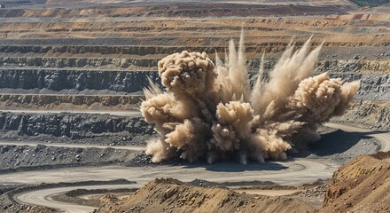 Massive explosion in a quarry, showcasing the power of controlled demolition during mining operations, generating a large cloud of dust and debris.