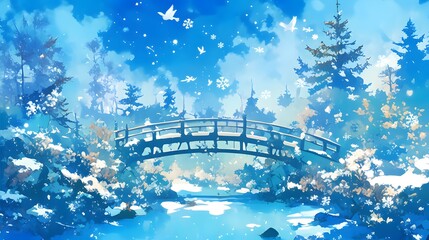 A calm and serene snow-covered path leading through an enchanted forest, ideal for an anime-style adventure with a peaceful atmosphere