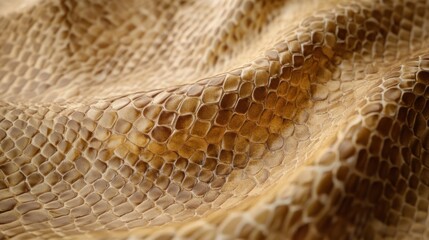Elegant golden snake skin texture displayed in soft folds with intricate scale patterns and natural sheen under warm lighting