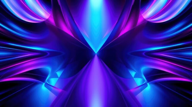 Abstract vibrant purple and blue neon light curves creating a symmetrical design