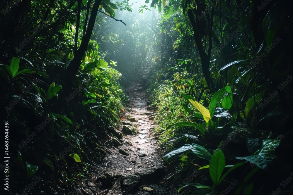 Aufkleber exploring a dense jungle trail surrounded by lush greenery and soft sunlight, dense jungle trail wit