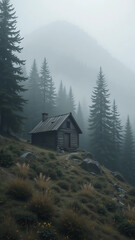 Abandoned wooden cabin nestled deep in a foggy forested mountain