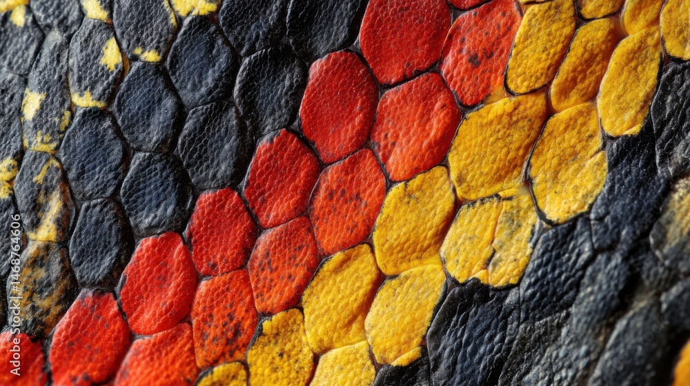 Poster close-up view of vibrant scales on a reptile showcasing colorful patterns in natural habitat
