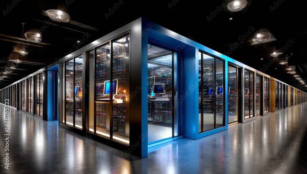 Poster 3d rendering of modern server room with glass walls and storage devices