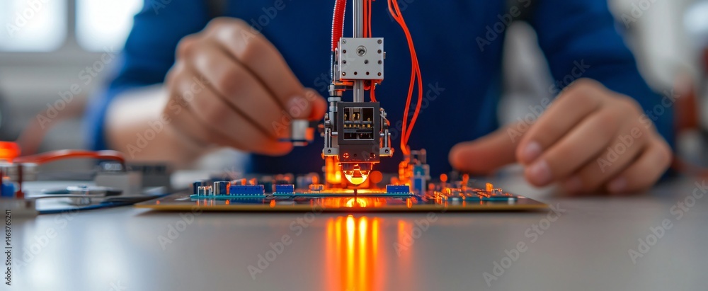 Poster precision electronics manufacturing close up of technician soldering circuit board with automated