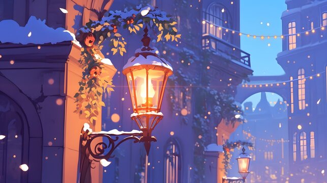 A charming street lamp adorned with festive decorations, glowing warmly amidst falling snowflakes