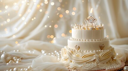Fototapeta premium A romantic pearl-themed cake with heart-shaped pearls and floral piping