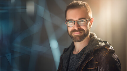 Fototapeta premium Casual IT specialist with abstract tech background, symbolizing innovation in modern works paces，Relaxed IT Expert in Casual Attire, Upper Body Close-Up with Natural Side Lighting and an Abstract Tech