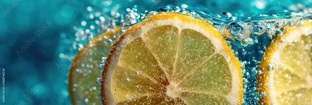 Poster refreshing lemon slices floating in sparkling water creating bubbles in a macro view at a bright loc