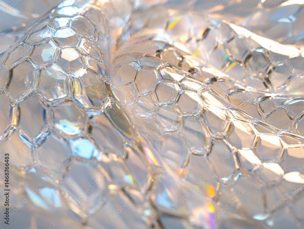 Poster translucent material with a honeycomb pattern reflects light in a colorful display