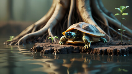 Realistic turtle resting near water with roots and growing plants in nature environment