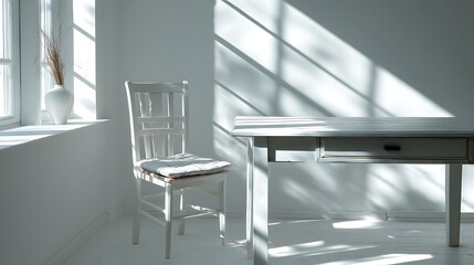 White kitchen interior with empty table, sunlight casting shadows on white wall, perfect for photography compositions