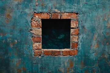 Brick window frame in teal wall old building texture