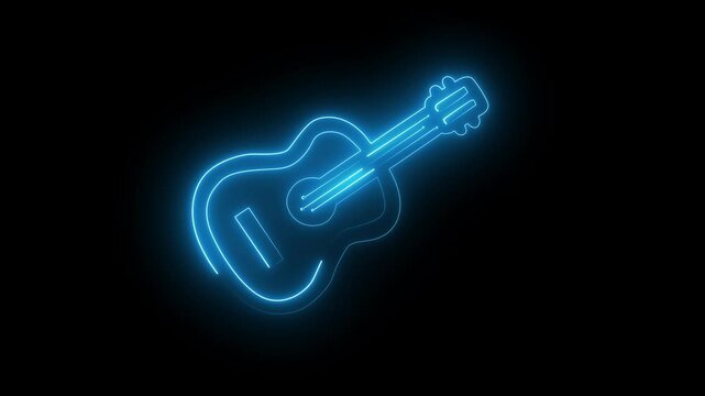 Glowing Blue Neon Guitar Outline on Black Background Music Symbol glowing guitar