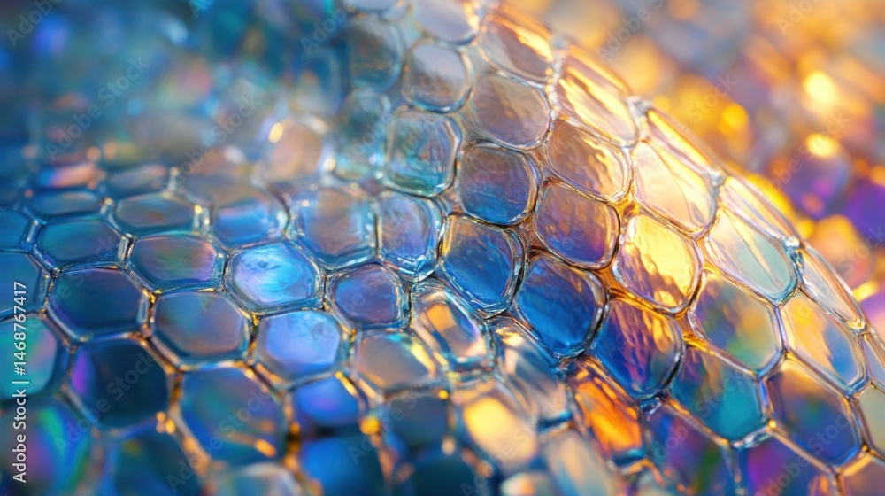 Poster colorful hexagonal pattern with iridescent reflections in abstract close-up captured in natural ligh