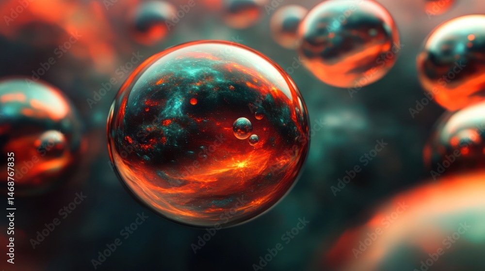 Wall mural floating transparent spheres containing colorful cosmic patterns and textures