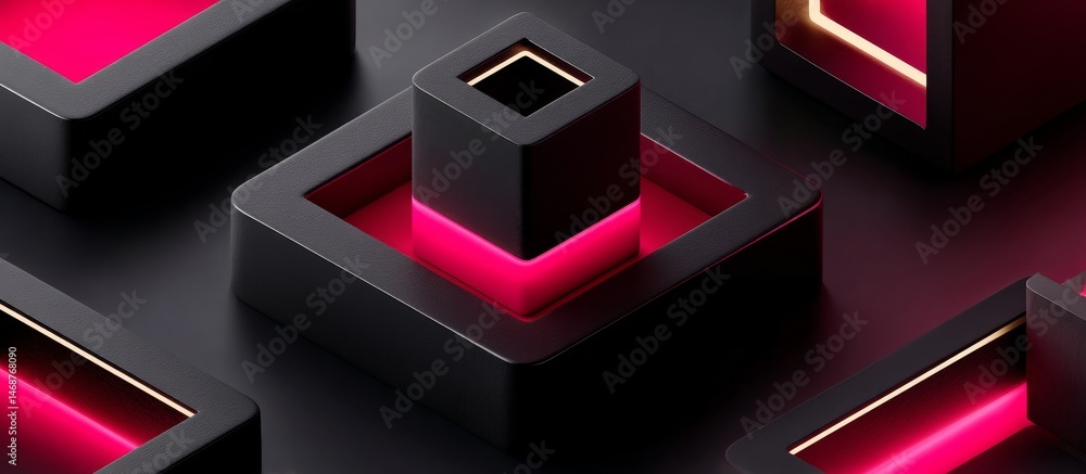 Poster abstract background with neon cubes and glowing blocks