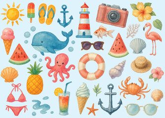 Watercolor Summer Beach Elements – Hand-painted Tropical and Marine Objects