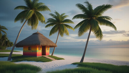 Tropical beach scene with palm trees and hut surrounded by tranquil ocean waterscape