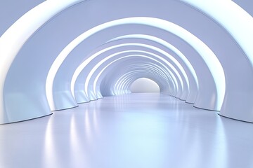 Obraz premium Empty futuristic tunnel with arched walls. Light blue glow illuminates the space