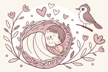 21 Newborn baby sleeping in a nest, intricate illustration, soft pastel colors, hearts and flowers surrounding, bird perched nearby, whimsical style, detailed textures, ethereal atmosphere, delicate l