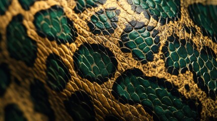 Close-up of vibrant green and gold reptile skin showcasing intricate textures and patterns