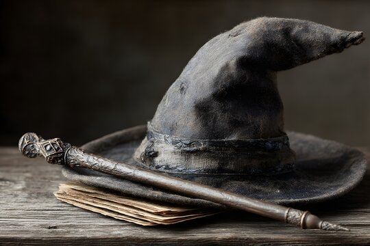 Magisches Stillleben mit Zauberhut, Zauberstab und Buchseiten
