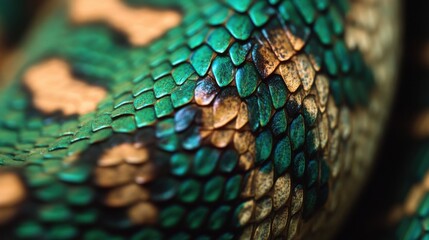 Obraz premium Close-up of a vibrant green snake displaying intricate scales during daylight in a natural habitat